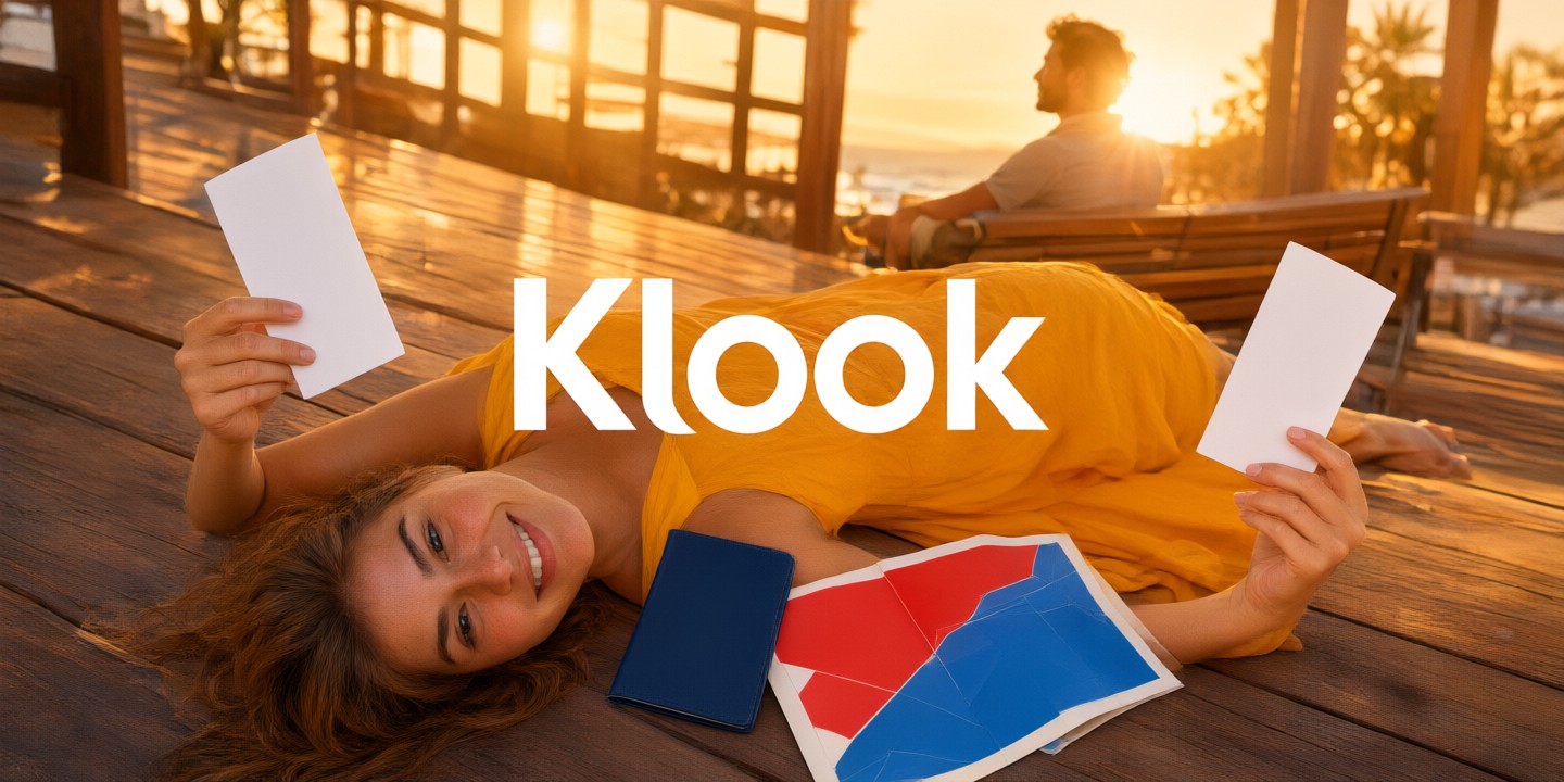 Klook Travel Deals: Book Experiences & Tickets A traveler holding a smartphone displaying the Klook app interface while standing in front of a scenic landmark.