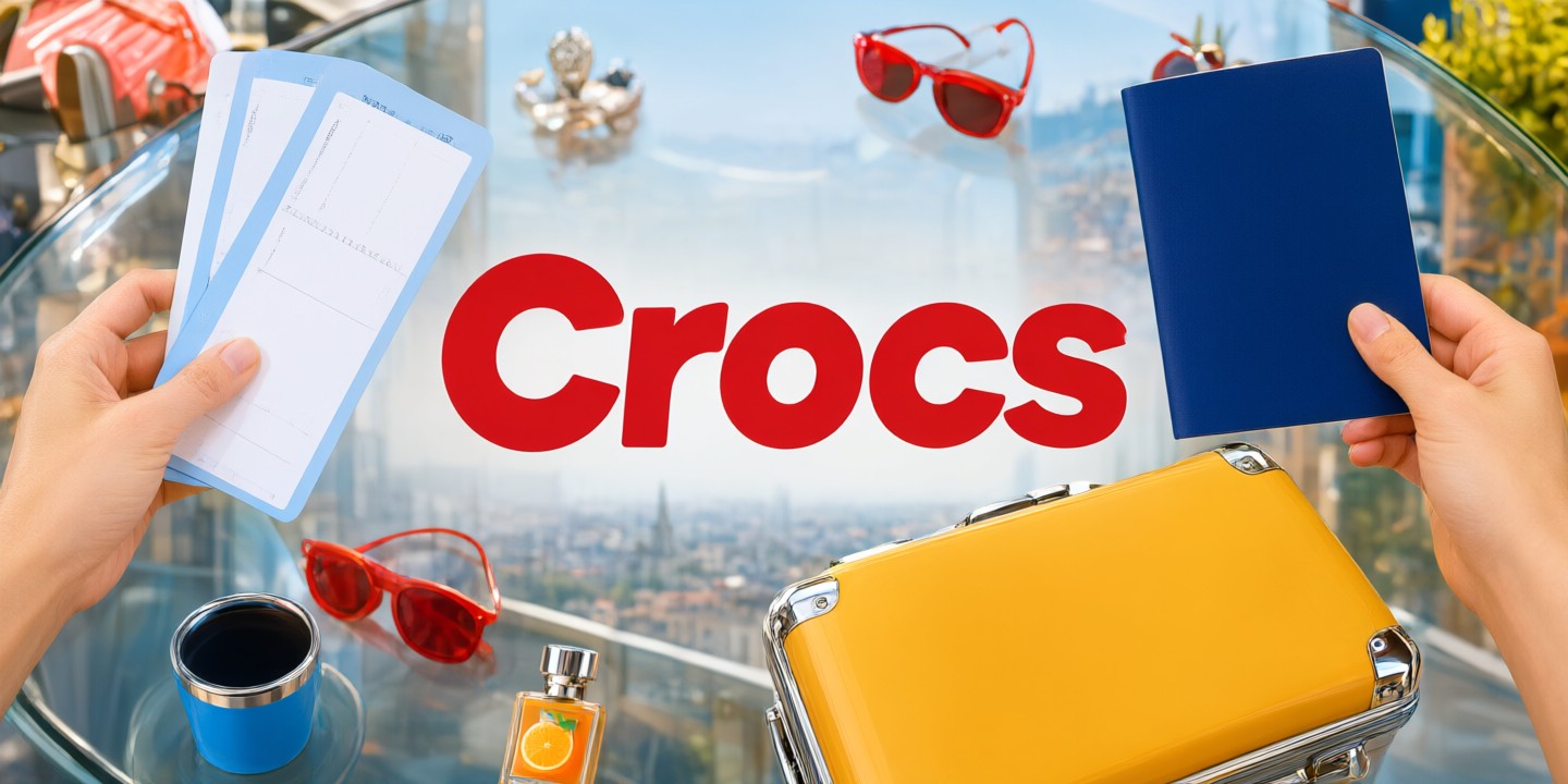 Crocs HK Limited-Time Offer Guide for Global Shoppers A pair of classic clogs displayed alongside travel accessories suggesting a lifestyle theme.