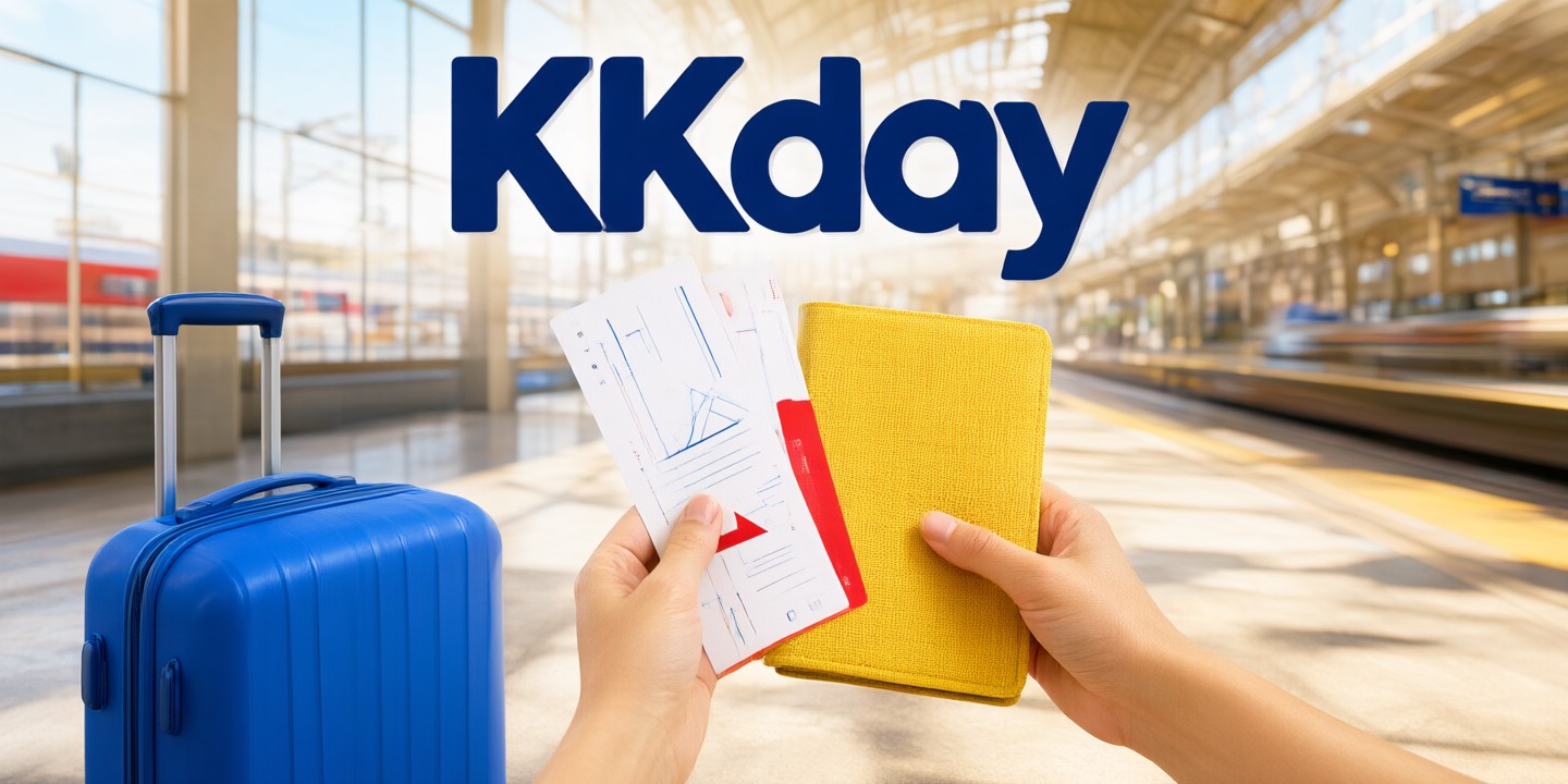 KKday Travel Deals: Japan, Korea & Southeast Asia A traveler holding a smartphone displaying the KKday app interface with various tour options visible.
