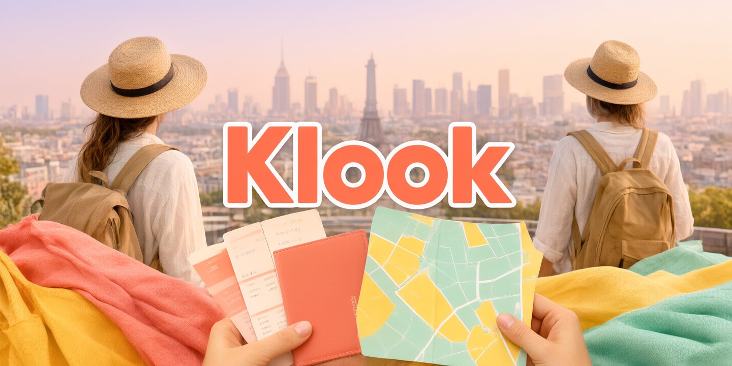 Klook Travel Deals: Book Asia Trips & Activities A traveler holding a smartphone displaying the Klook app interface while standing in front of a scenic Asian landmark.