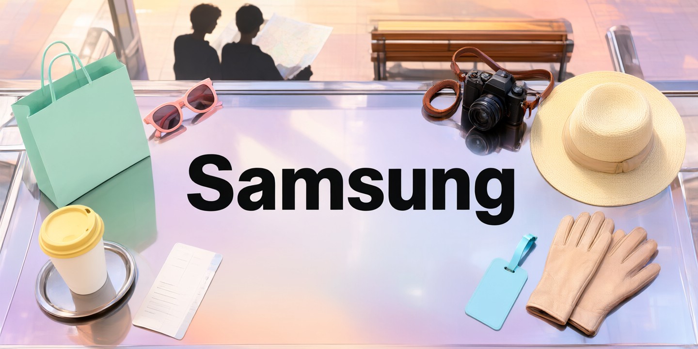 Samsung Electronics Asia Shopping Guide and Deals A modern display of Samsung electronics including smartphones and tablets arranged neatly on a shelf.