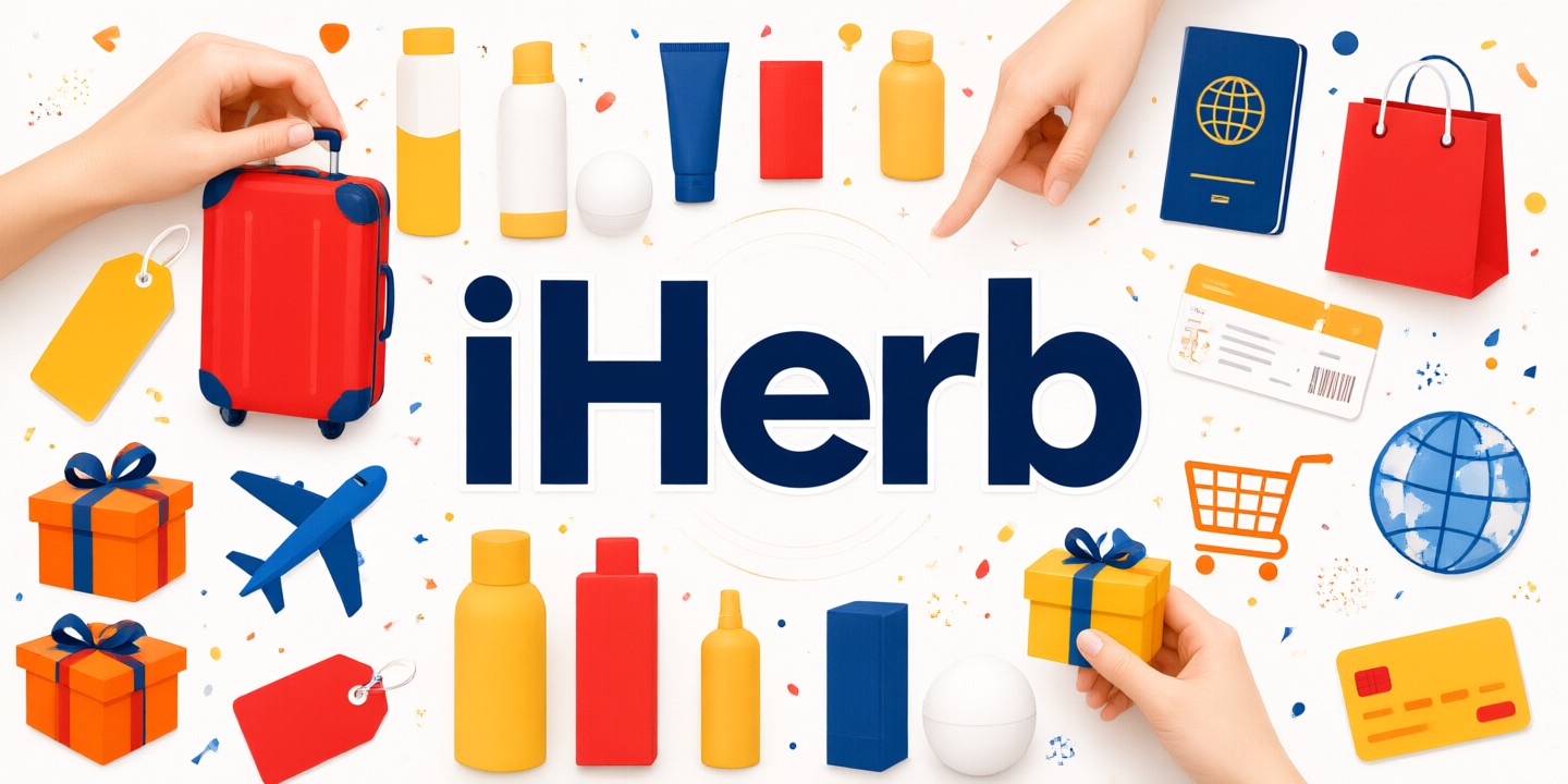 iHerb Natural Products Deals and Shopping Guide A curated selection of vitamins and wellness items from iHerb displayed on a clean shelf