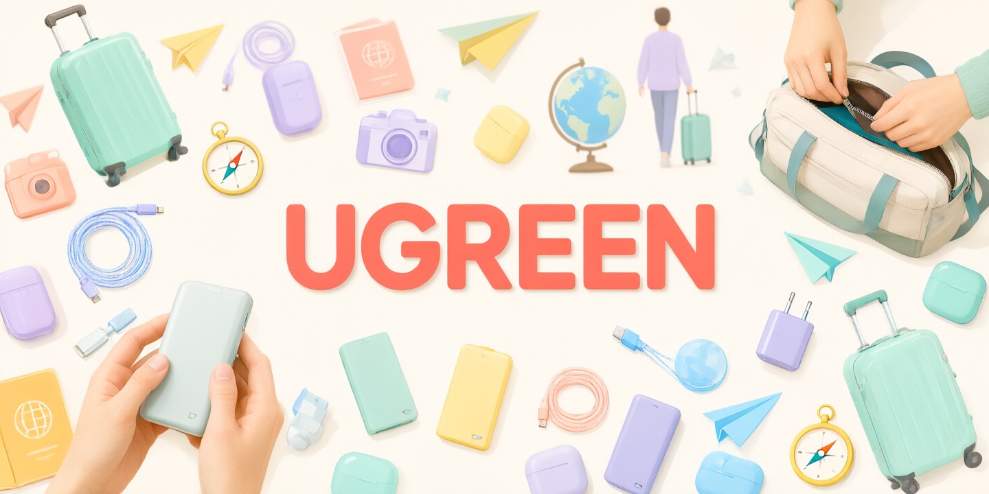 UGREEN Limited-Time Tech Deals for Global Shoppers A sleek display of UGREEN charging cables and power banks arranged on a modern desk setup.