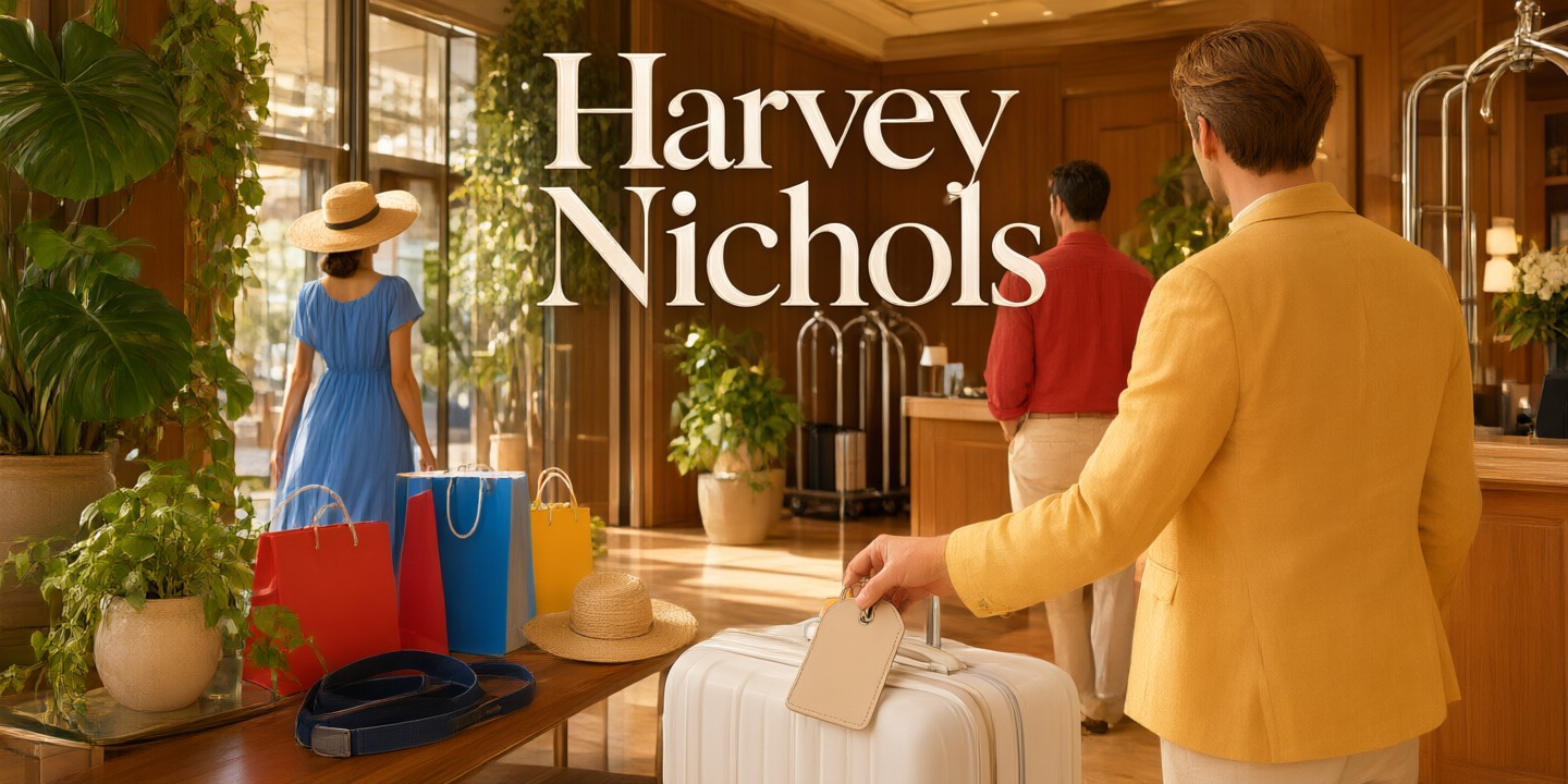 Harvey Nichols Limited-Time Fashion Deals Guide Luxury handbags and apparel displayed in a modern Harvey Nichols store interior