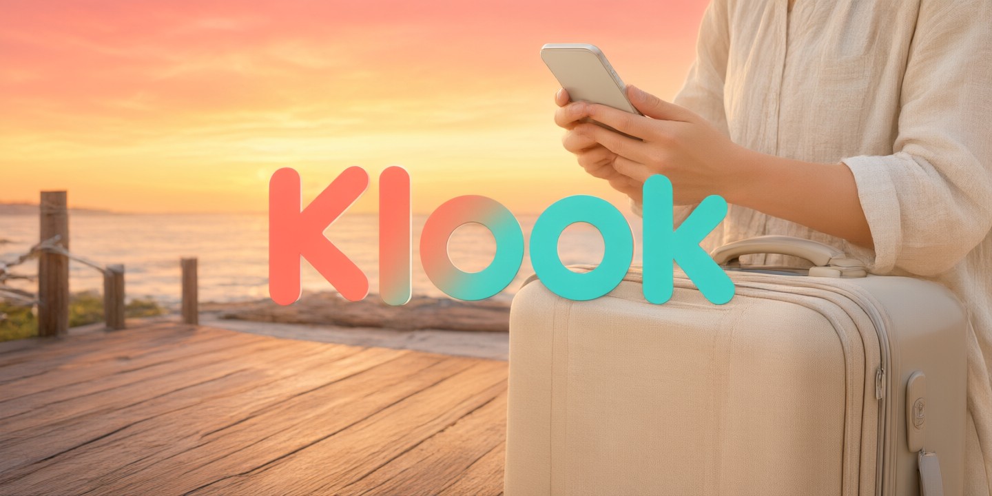 Klook Travel Deals: Explore Asia’s Top Attractions A traveler holding a smartphone displaying the Klook app interface while standing in front of a scenic Asian landmark.
