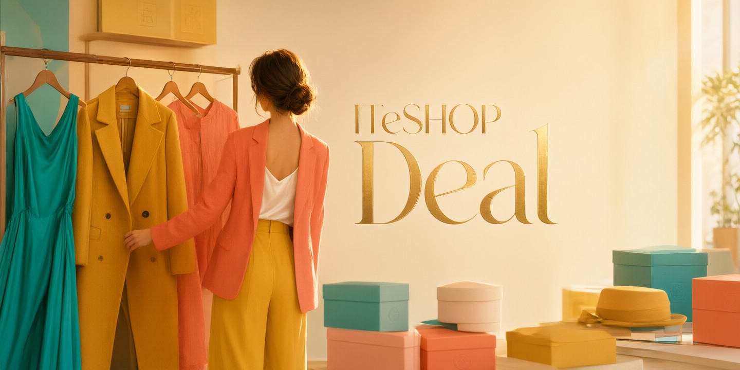 ITeSHOP Fashion Deals: Limited-Time Offers A stylish flat lay of contemporary clothing featuring the ITeSHOP logo on a tag.