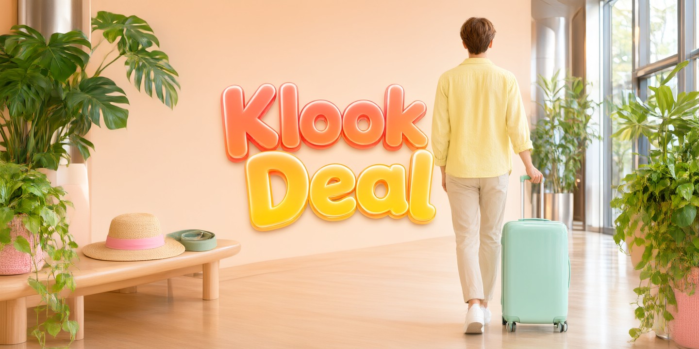 Klook Travel Deals: Top Experiences in Asia A traveler booking experiences on the Klook mobile app against a scenic Asian backdrop.