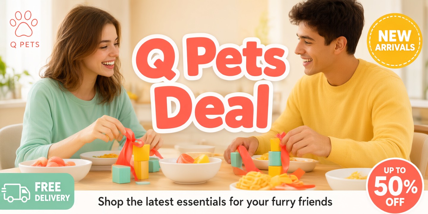 Q-Pets Limited-Time Pet Supplies Offer in Asia A happy dog and cat surrounded by Q-Pets branded toys and food bowls.