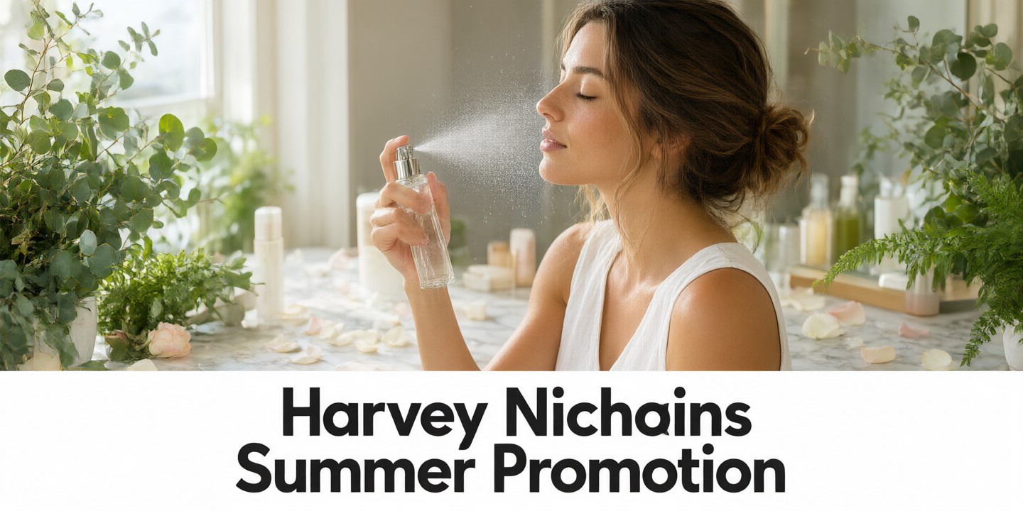 Harvey Nichols Summer Sale: Luxury Fashion & Beauty A curated display of luxury handbags and skincare products at Harvey Nichols.