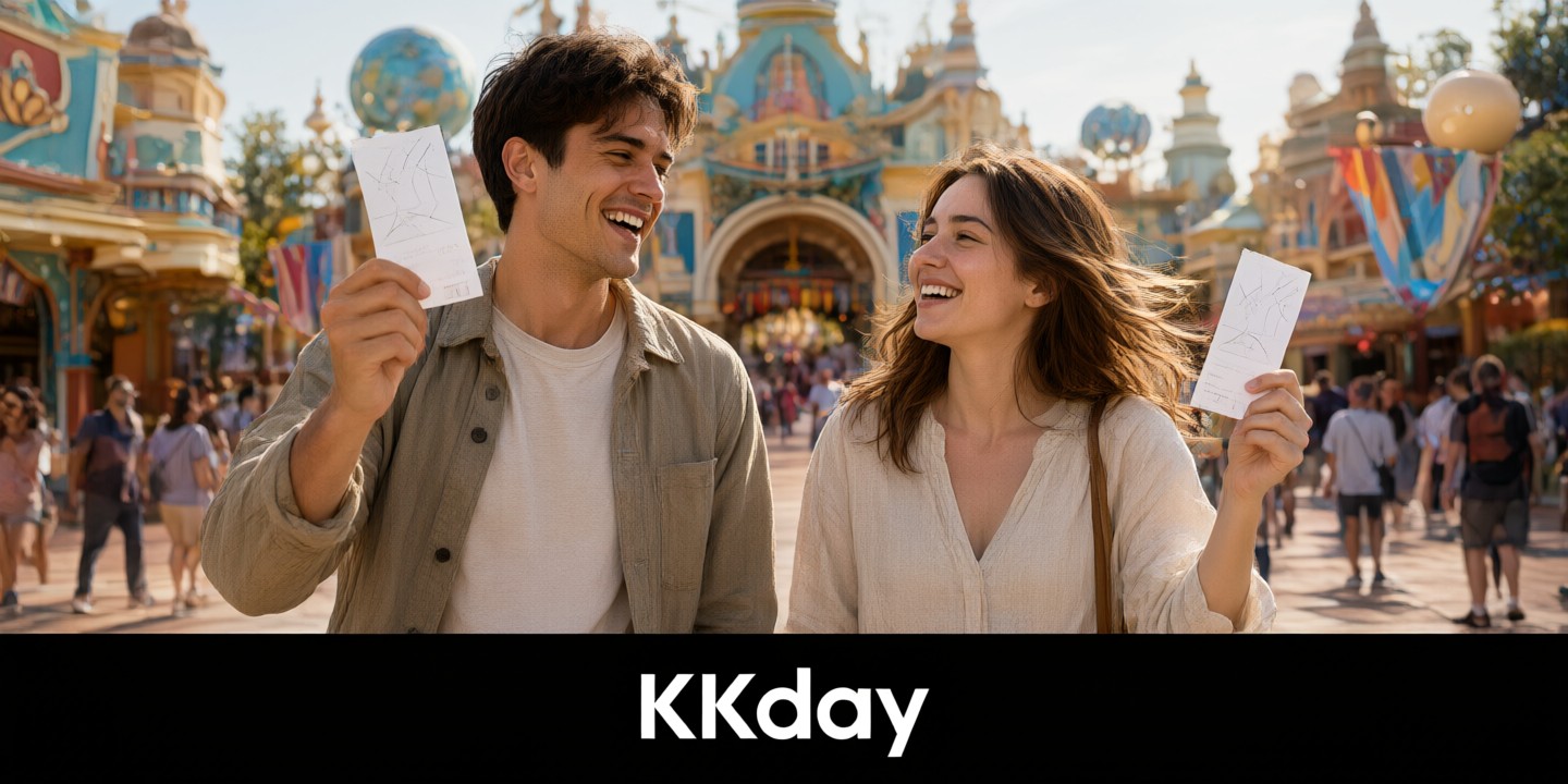 KKday Travel Deals: Plan Your Next Asian Adventure A traveler holding a smartphone displaying the KKday app interface against a scenic backdrop of an Asian landmark.