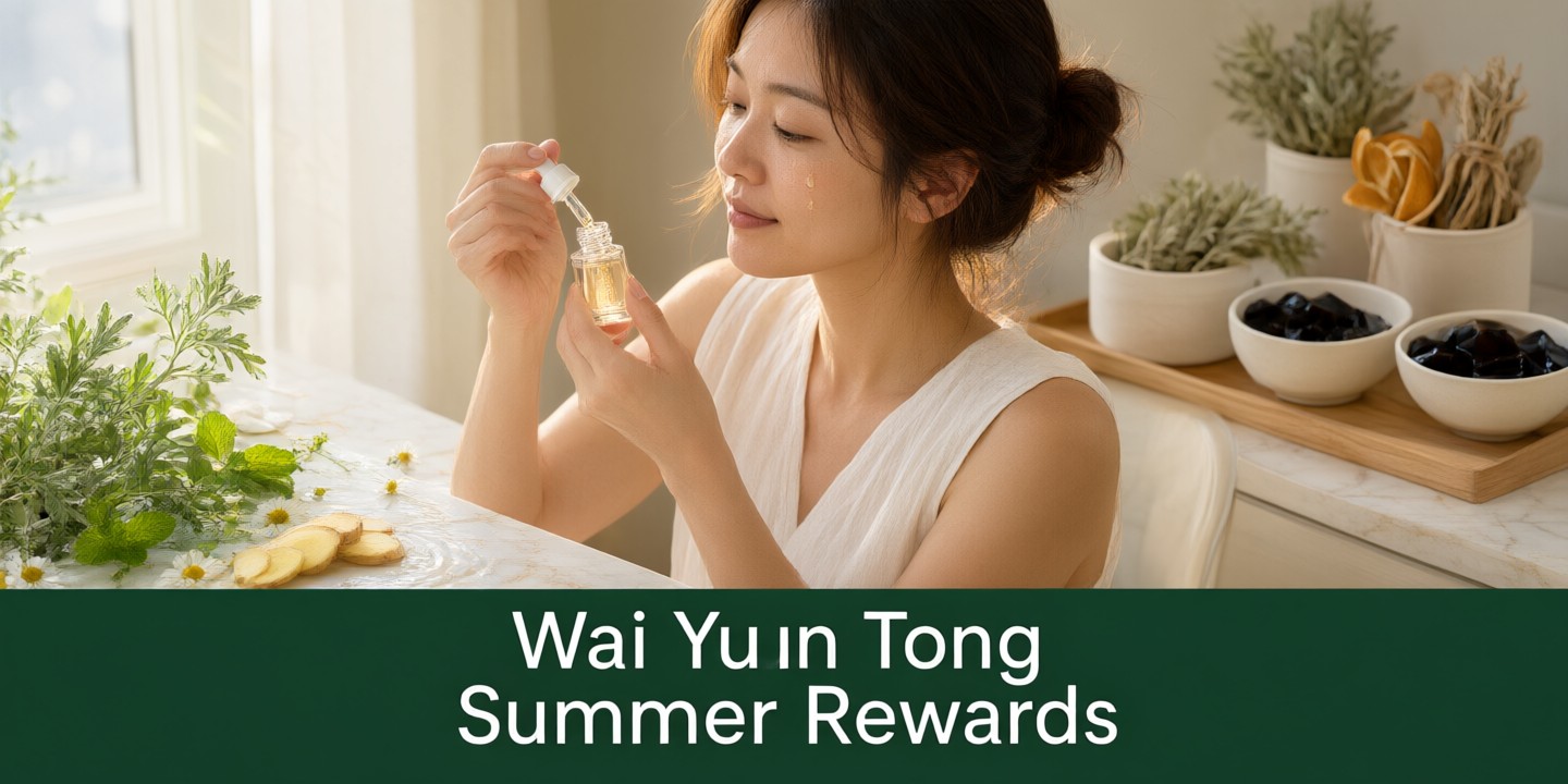 Wai Yuen Tong Limited-Time Health Deals Guide A display of traditional Chinese herbal medicine bottles and packaging from the brand Wai Yuen Tong arranged neatly on a wooden shelf.