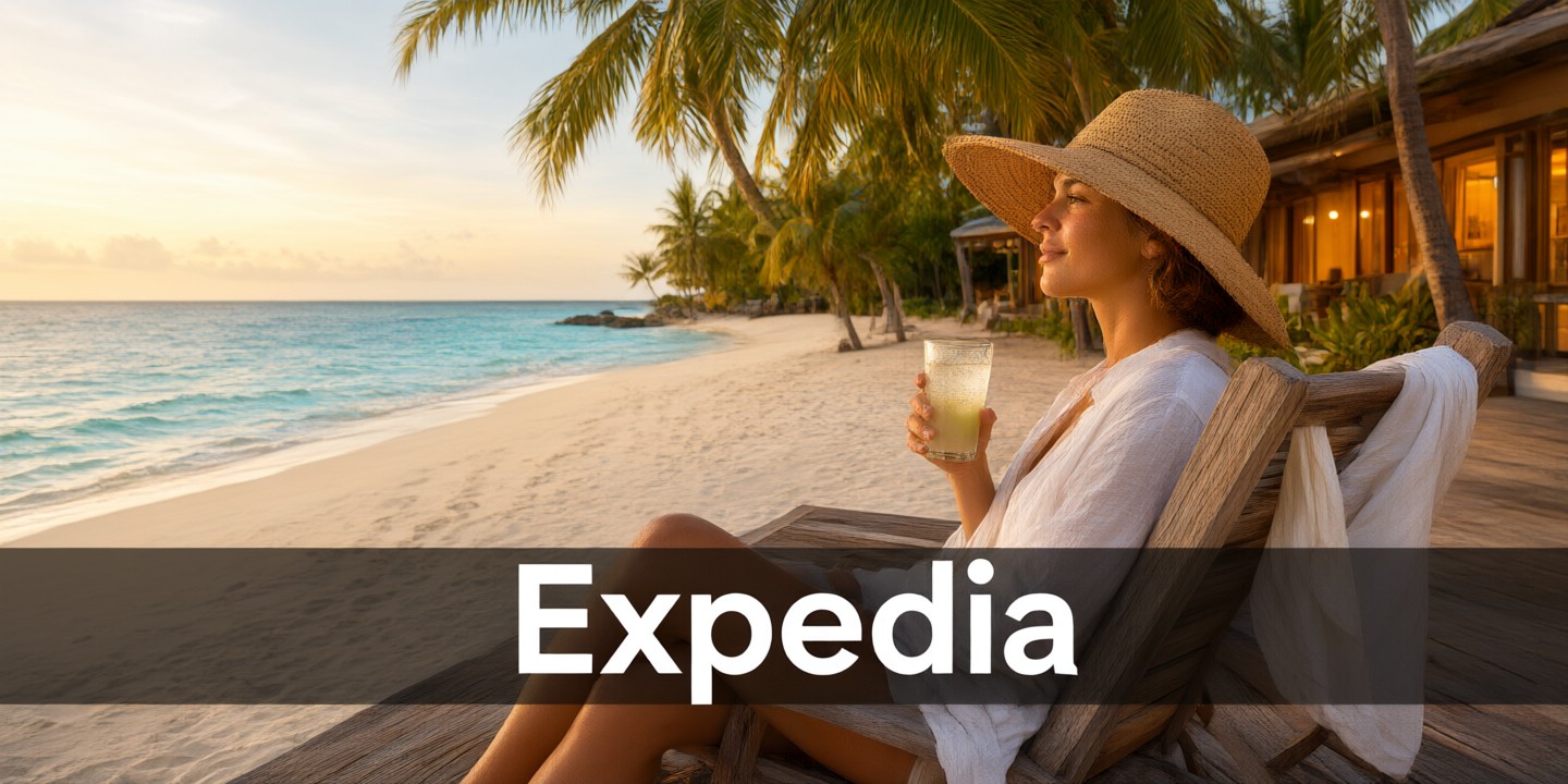 Expedia Travel Deals for Asia and Global Destinations A traveler using a laptop to book a vacation package on the Expedia website.