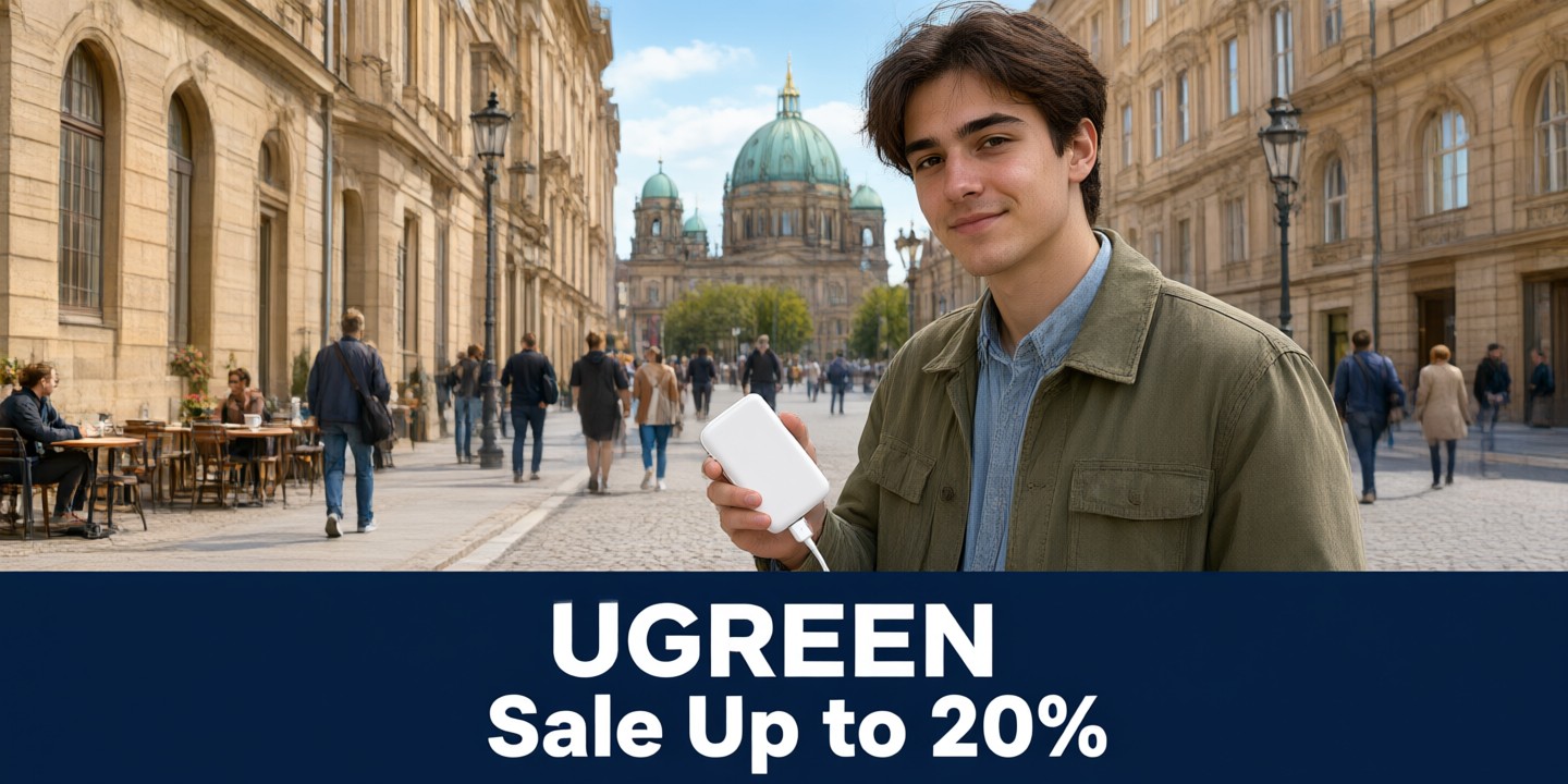 UGREEN Deals: Premium Tech Accessories for Travelers A sleek UGREEN charging hub surrounded by travel essentials like a passport and smartphone.