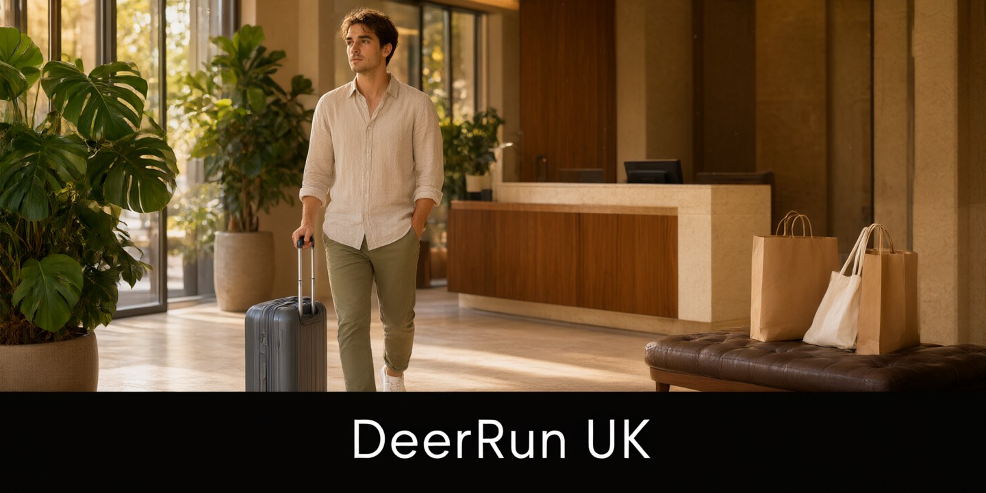 DeerRun UK Shopping Guide and Latest Offers A modern lifestyle scene featuring products from DeerRun UK arranged neatly on a wooden table.