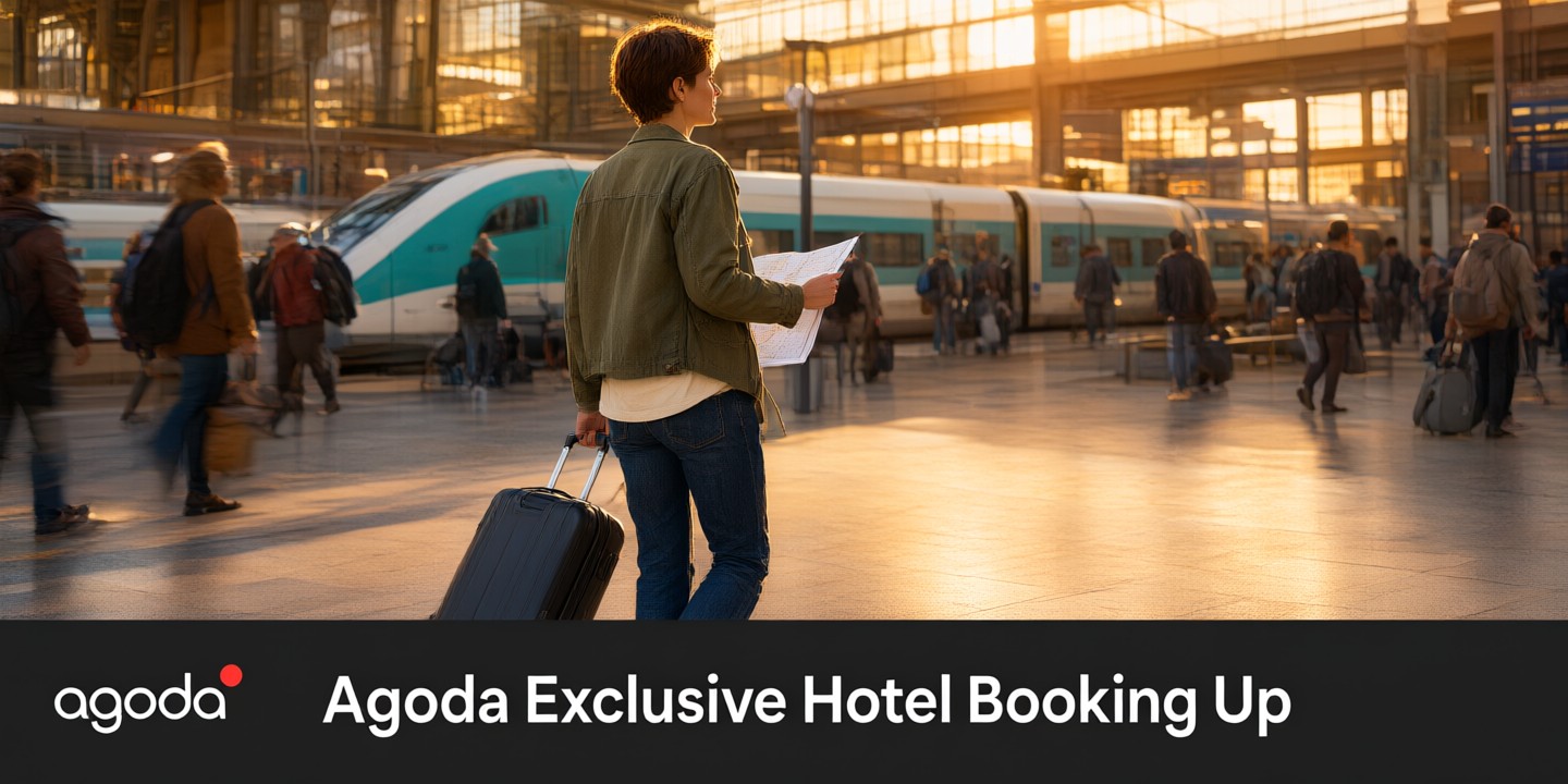 Agoda Travel Deals: Booking Tips for Asia Trips A traveler checking hotel options on a smartphone using the Agoda app interface in a modern airport lounge.