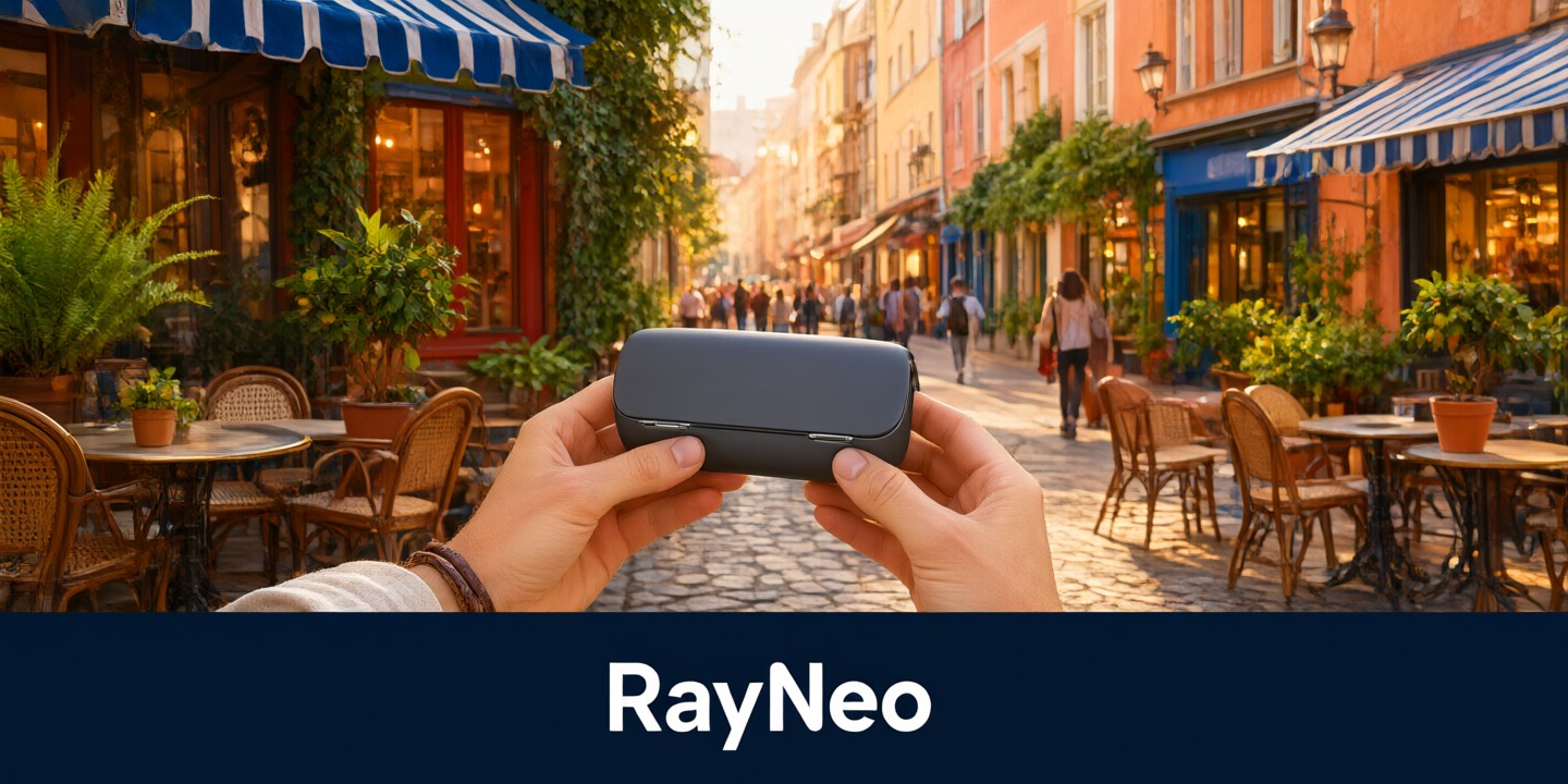 RayNeo Smart Glasses Guide: Features and Value A sleek pair of RayNeo smart glasses resting on a travel desk with a passport nearby.