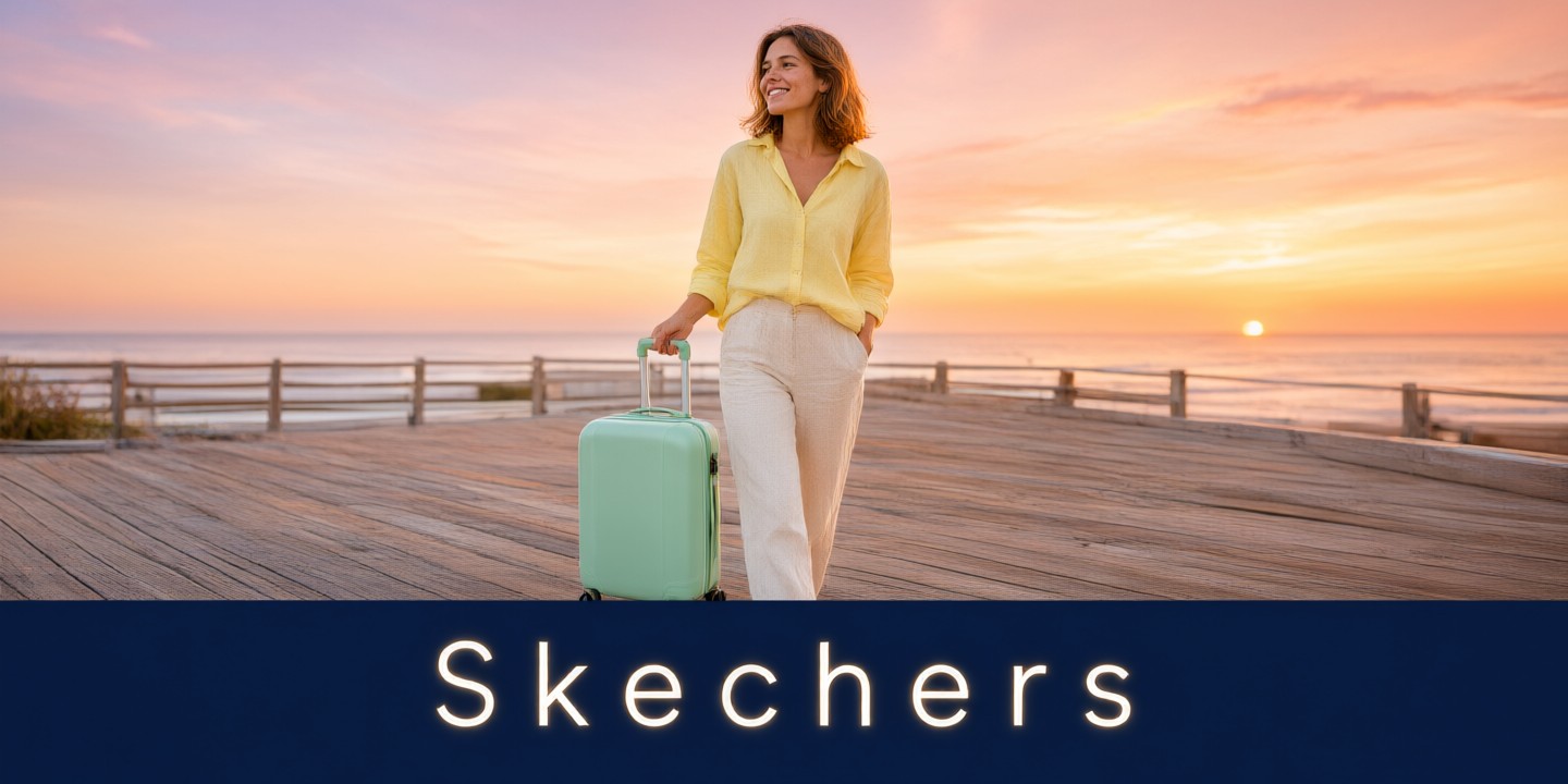 Skechers HK Limited-Time Offers for Travelers A traveler wearing Skechers HK shoes while exploring a bustling Asian city street.