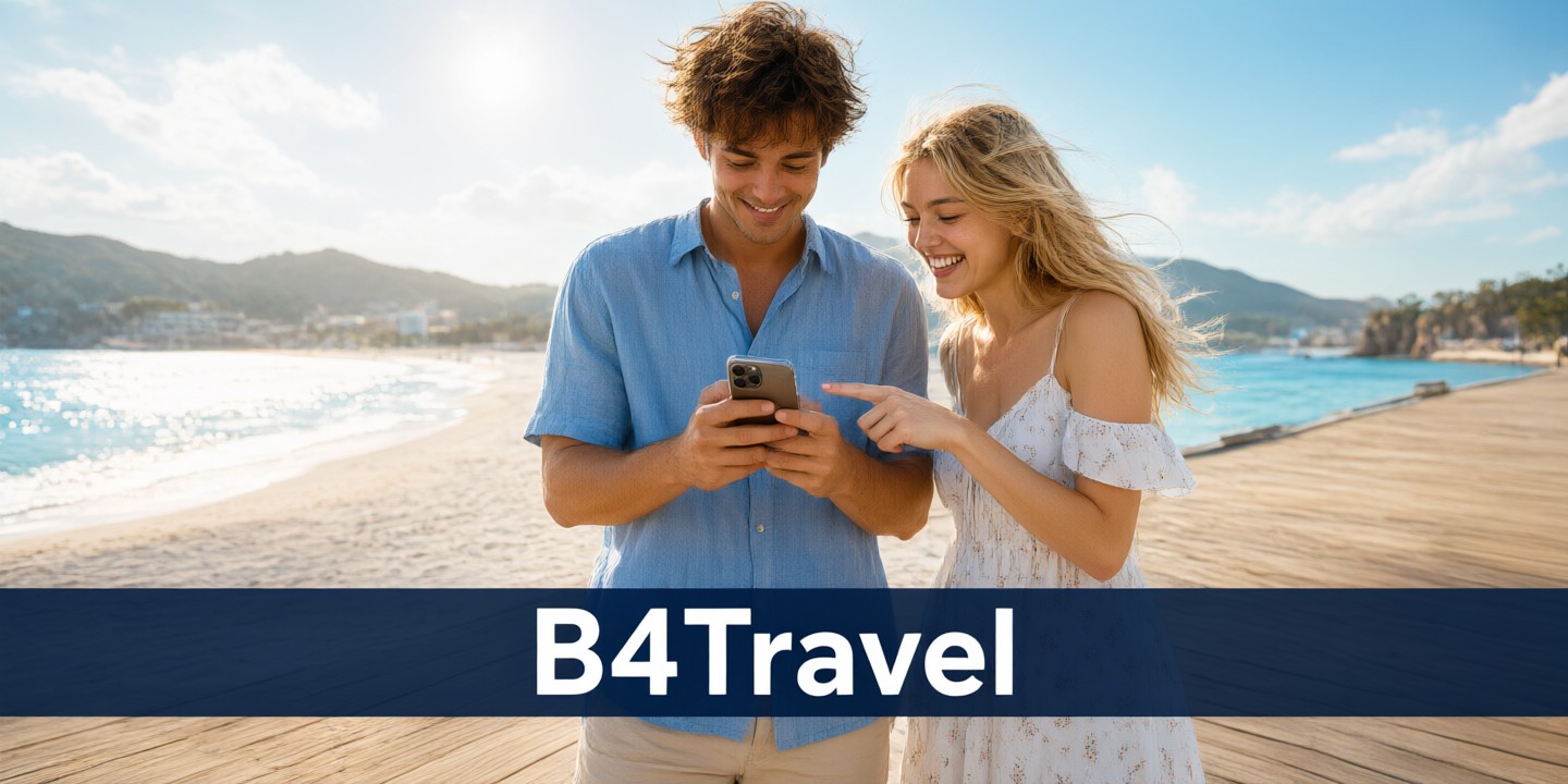 B4Travel Hong Kong Phone Cards: Global Connectivity A traveler holding a smartphone displaying the B4Travel app interface while standing at an airport departure gate.