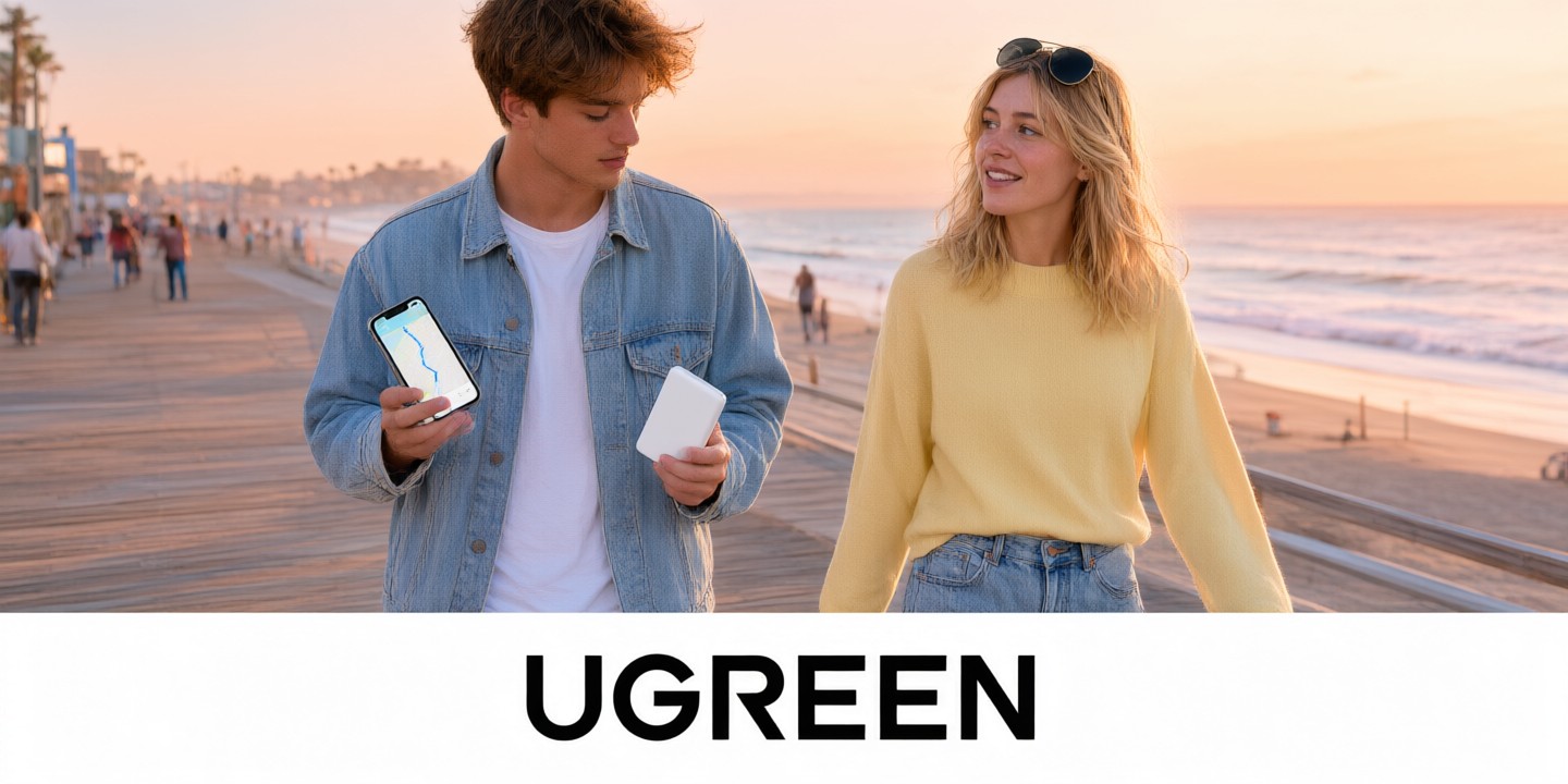 UGREEN Limited-Time Tech Deals for Global Travelers A sleek UGREEN multi-port charger surrounded by travel essentials like passports and adapters.