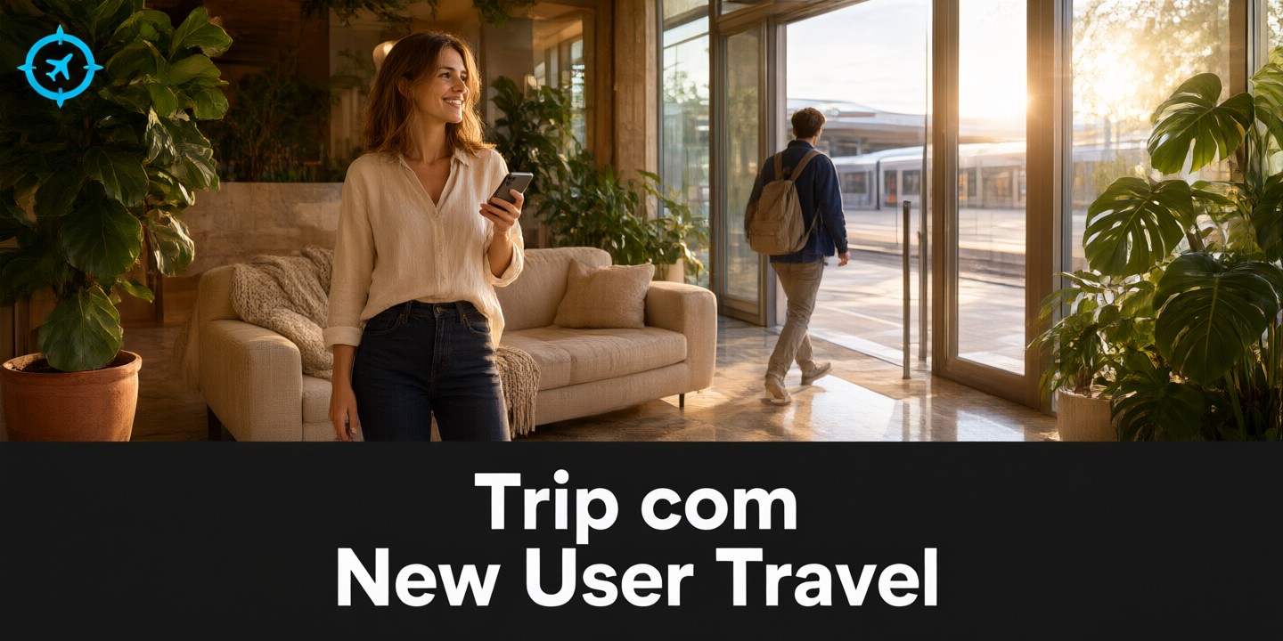 Trip.com Limited-Time Travel Deals for Global Trips A traveler checking flight options on a smartphone while standing at an airport terminal featuring the Trip.com logo.