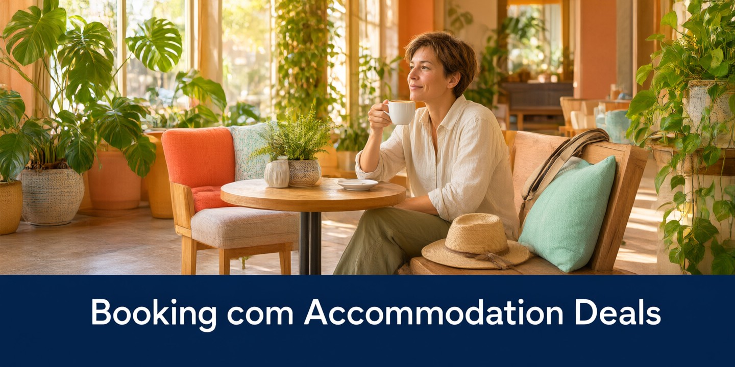 Booking.com Hotel Deals: Smart Travel Guide A traveler planning a trip using Booking.com hotel deals on a laptop screen.