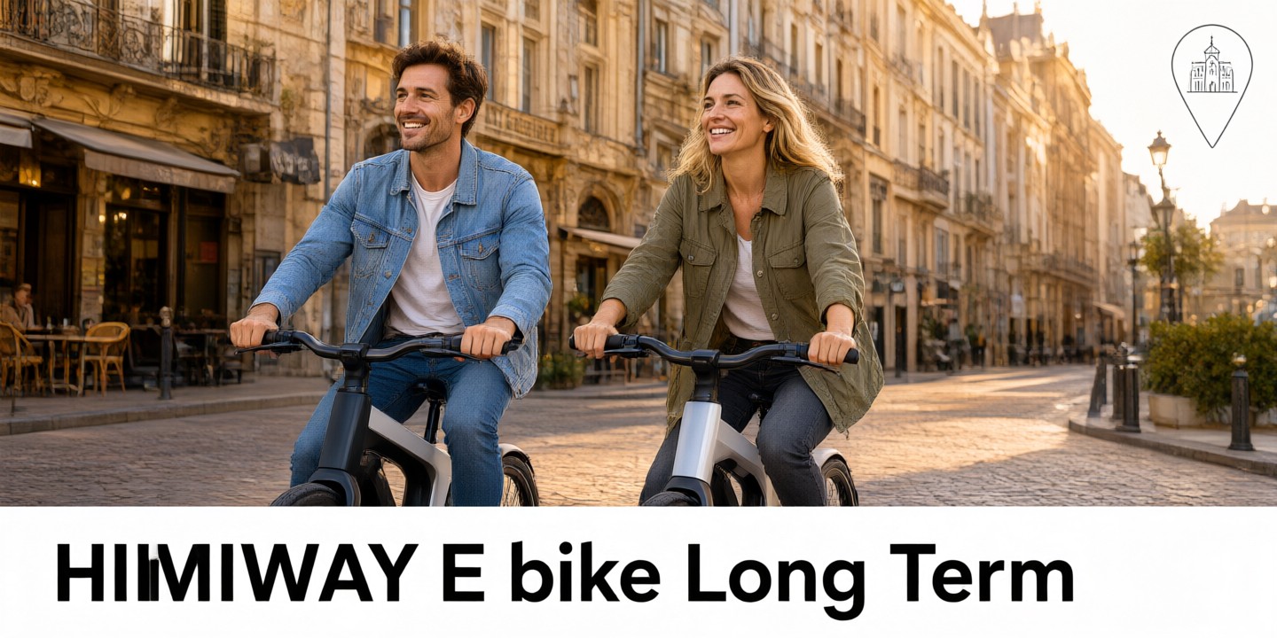 HIMIWAY E-bike US: Top Electric Bike Deals & Guide A sleek HIMIWAY electric bike parked on a scenic urban street with its display screen visible.