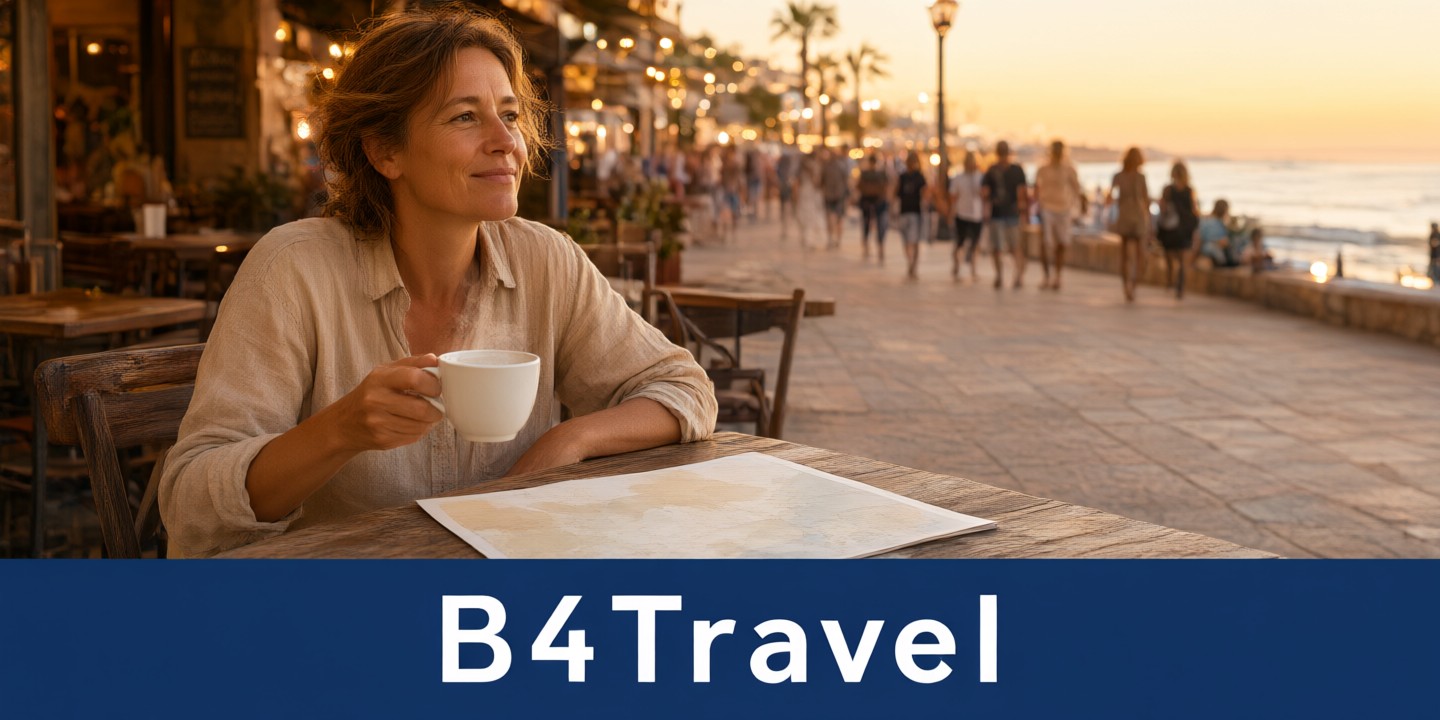 B4Travel Phone Card Deals for Global Travelers A traveler holding a smartphone with the B4Travel logo displayed on the screen while standing at an airport gate.
