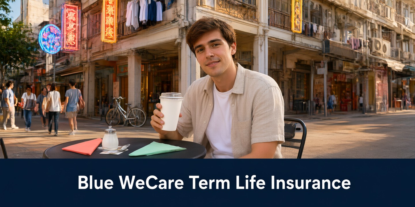 Blue Insurance WeCare Term Life Plan Guide A professional advisor explaining the Blue Insurance WeCare term life plan to a couple reviewing documents.