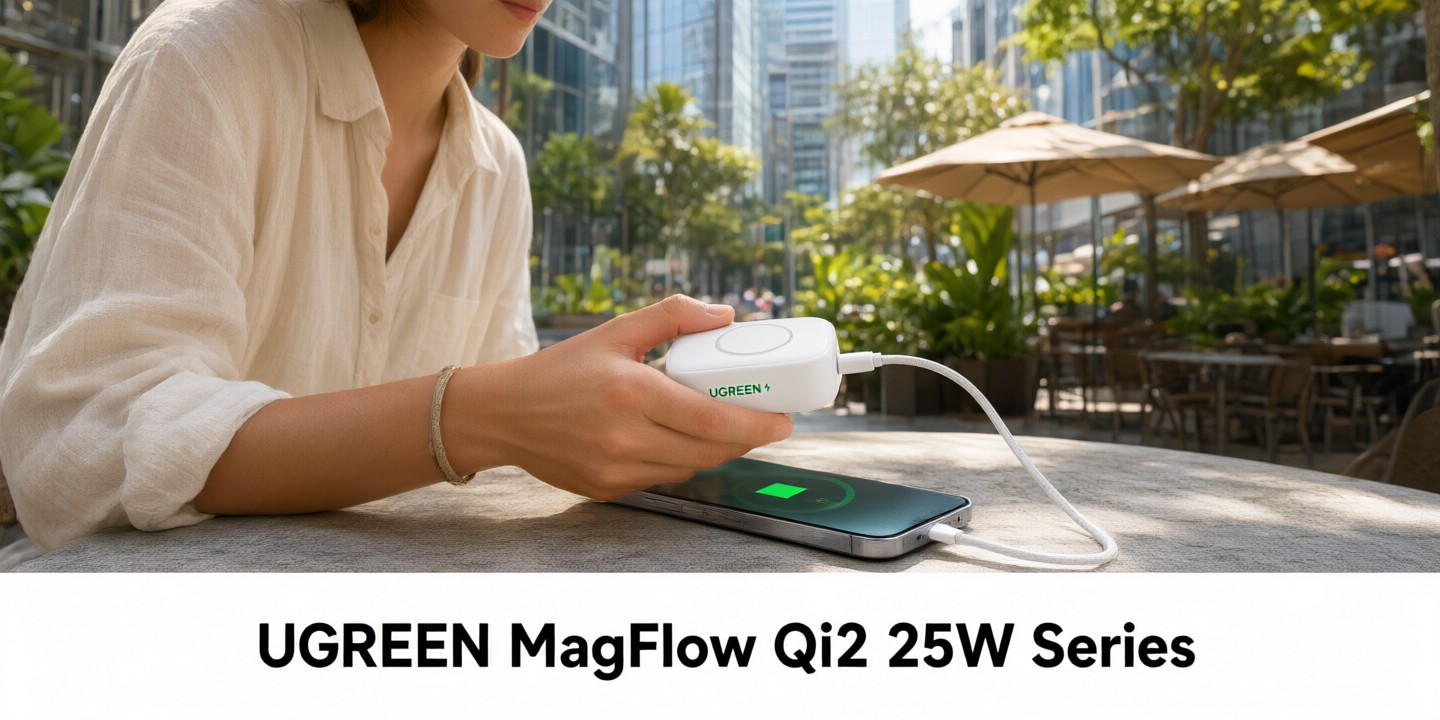 UGREEN Tech Essentials for Global Travelers A traveler using a sleek UGREEN power bank to charge devices in an airport lounge.