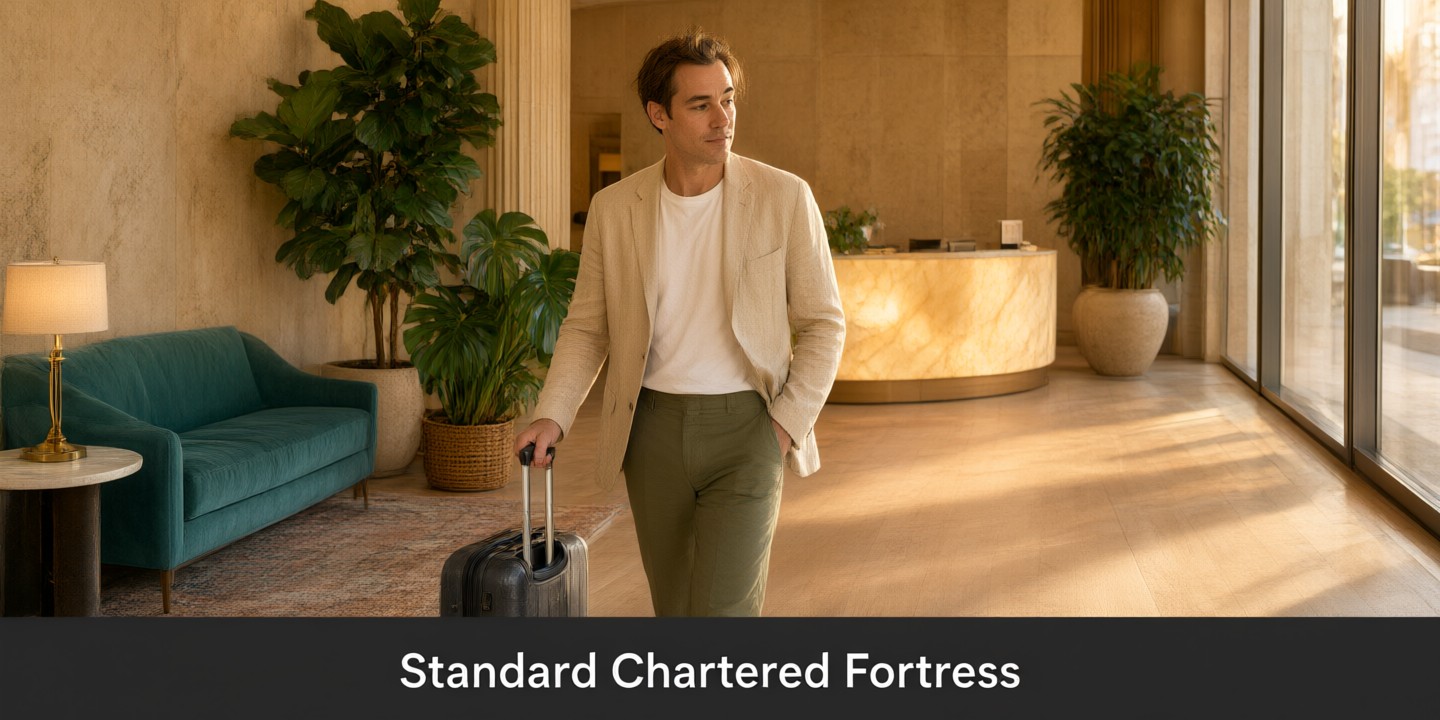 Standard Chartered Simply Cash Visa Card Guide A traveler using a Standard Chartered Simply Cash Visa card at an airport lounge.