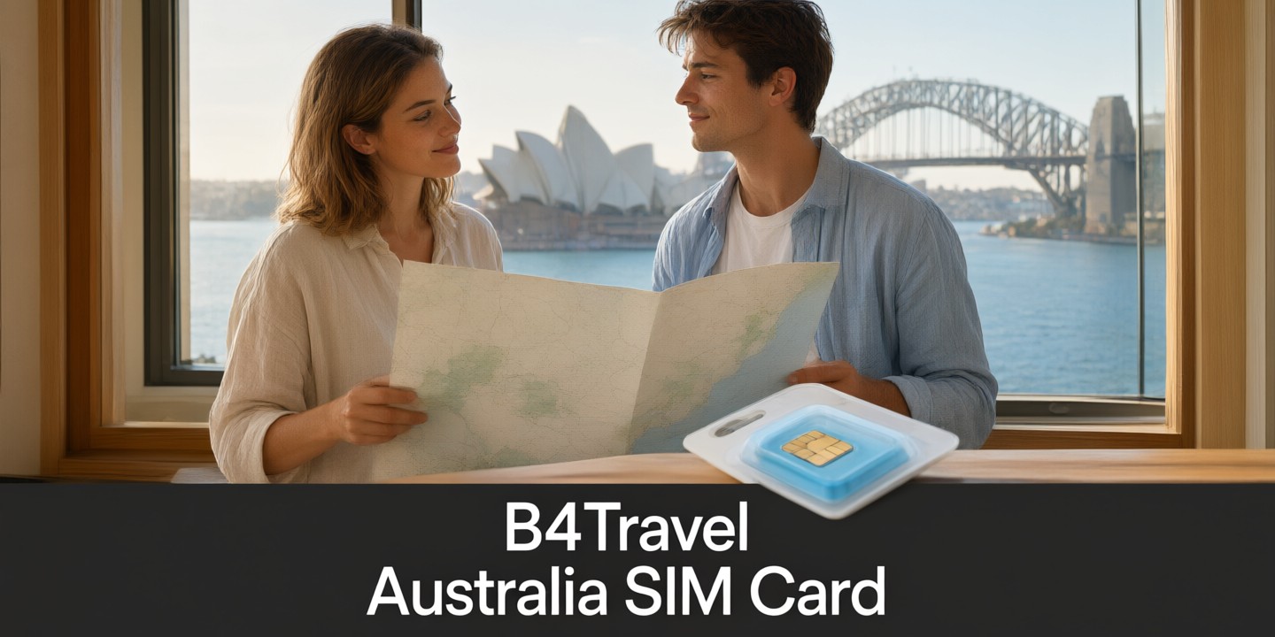 B4Travel Phone Card Deals for Global Travelers A traveler holding a smartphone with the B4Travel logo visible on the screen against an airport backdrop.