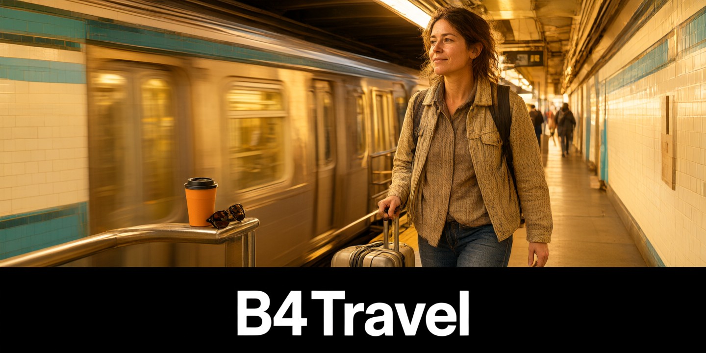 B4Travel Phone Cards: Stay Connected Globally A traveler holding a smartphone with a B4Travel SIM card package visible on a desk near an airport terminal.
