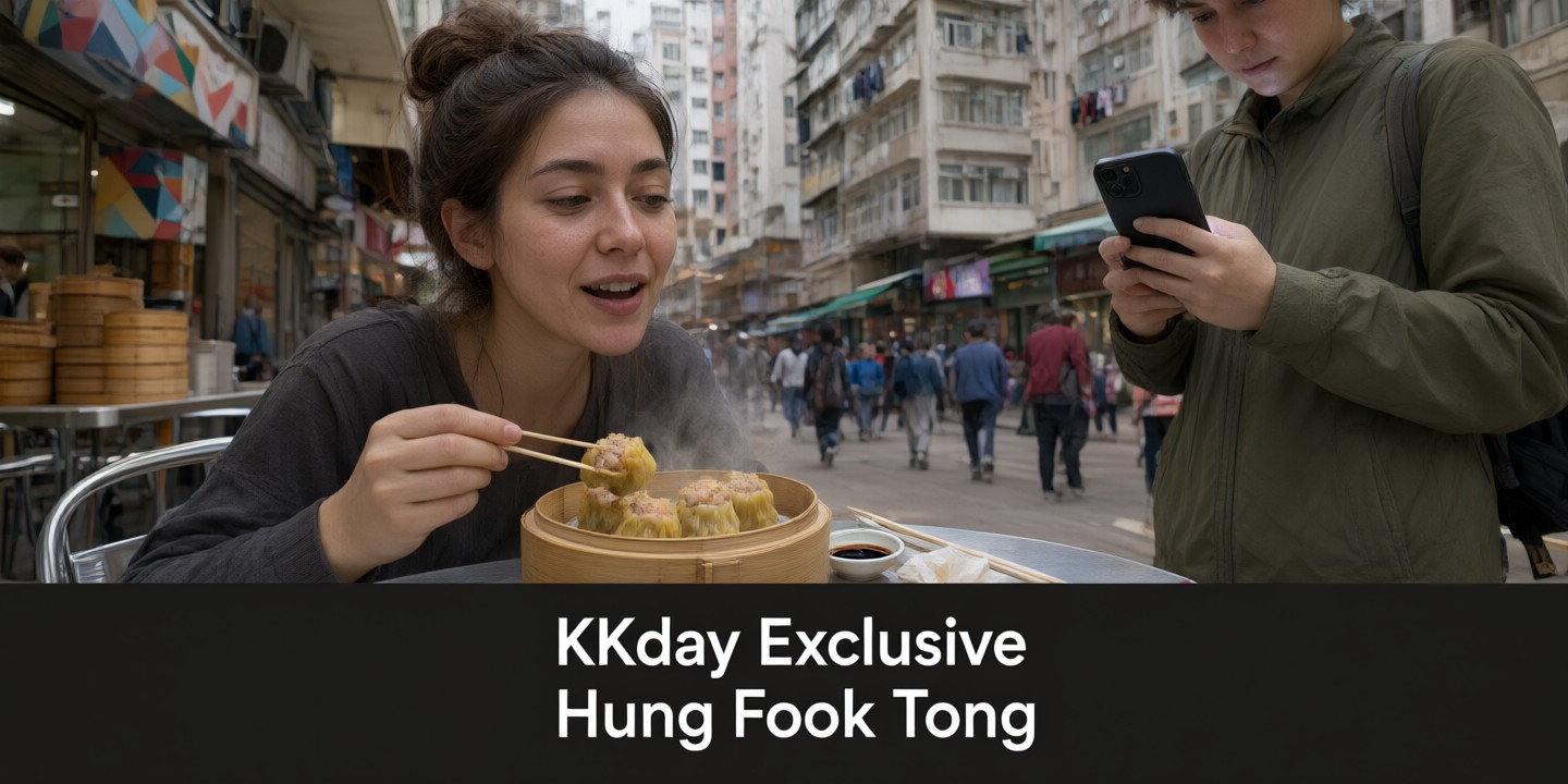 KKday Travel Deals: Explore Asia with Confidence A traveler holding a smartphone displaying the KKday app interface while standing at a scenic Asian landmark.