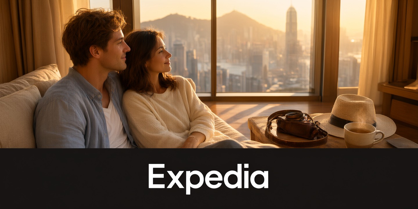 Expedia Travel Deals for Asia and Global Trips Travelers checking Expedia travel deals on a mobile device near an airport terminal.