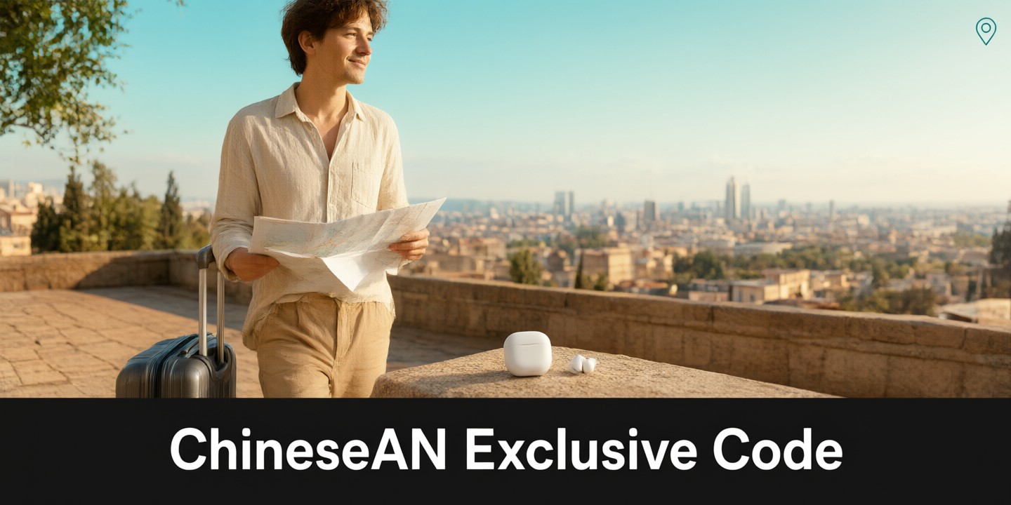 Timekettle Deals: Smart Translation Tech for Travelers A traveler using Timekettle translation devices to communicate effectively in a busy Asian market.
