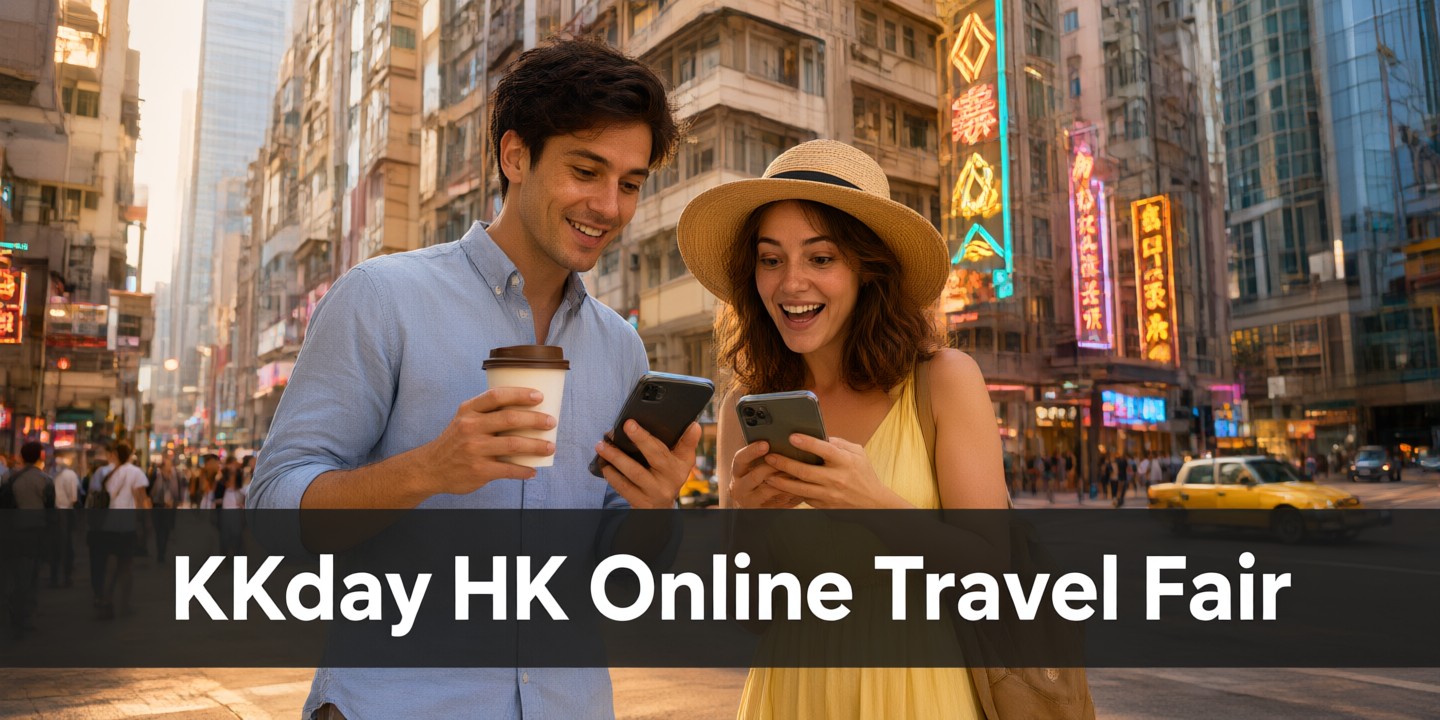 KKday Travel Deals: Top Tours & Activities Guide A traveler checking smartphone bookings while standing at a scenic viewpoint with KKday branding visible.