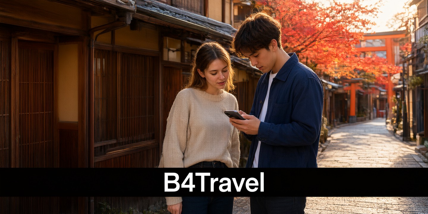 B4Travel Phone Card Deals for Global Travelers A traveler holding a smartphone displaying the B4Travel interface while standing at an airport gate.